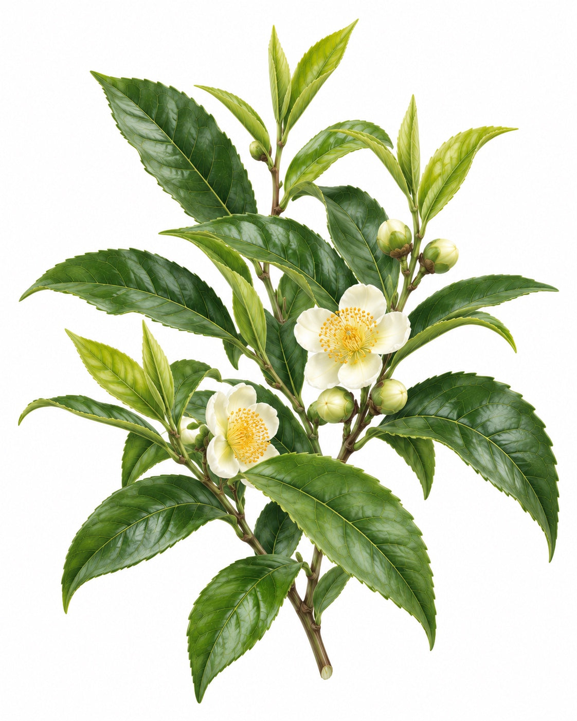Botanical illustration of sencha green tea (Camellia sinensis)