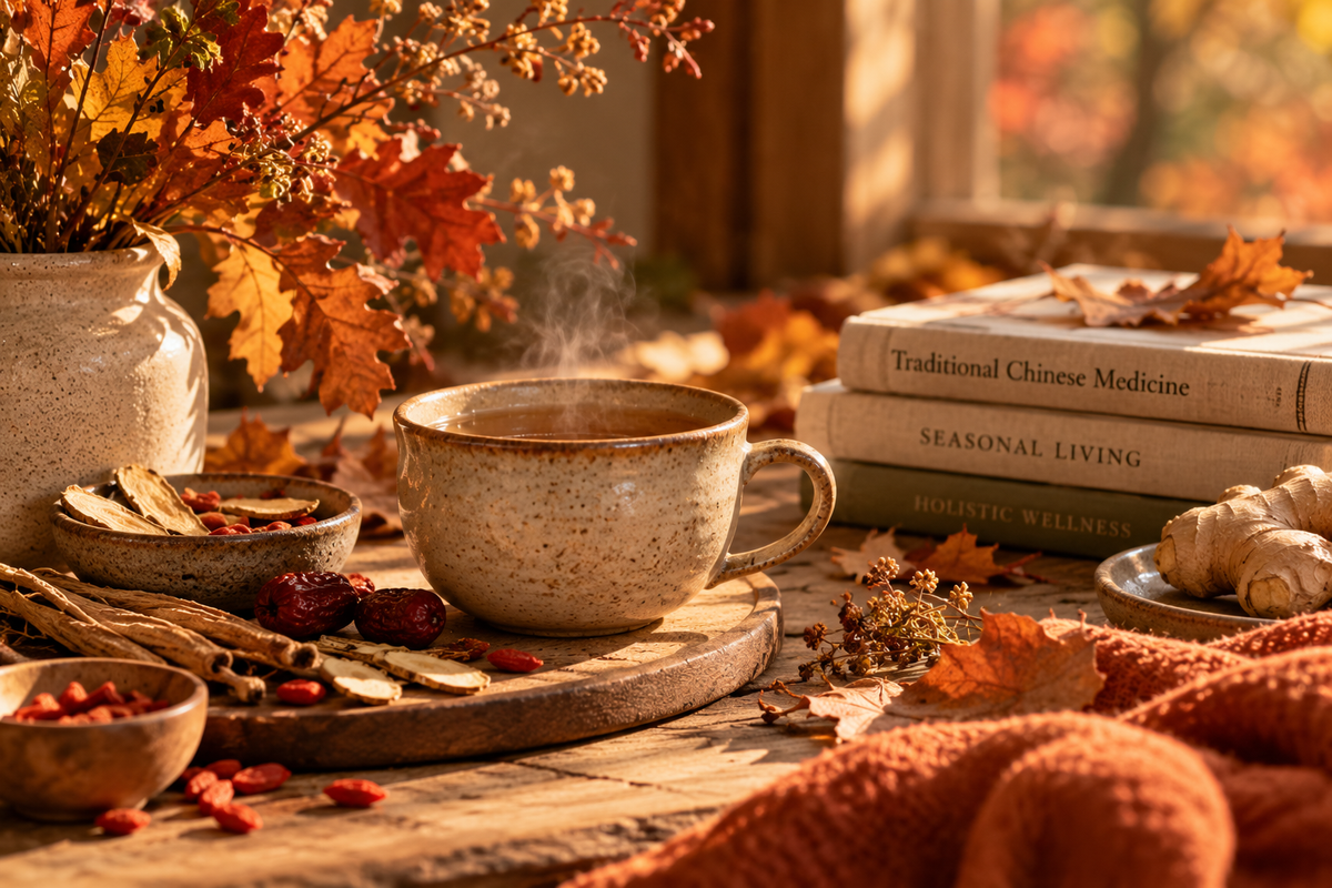 Autumn-inspired botanical still life featuring herbal tea, seasonal foliage, and traditional Chinese herbal ingredients.