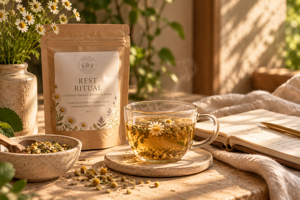 Warm morning tea ritual featuring chamomile, herbal tea, and a journal in natural sunlight.