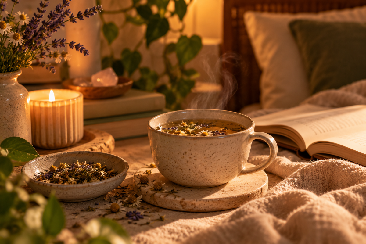 Cozy evening tea ritual with candlelight, calming botanicals, and a softly lit reading space.