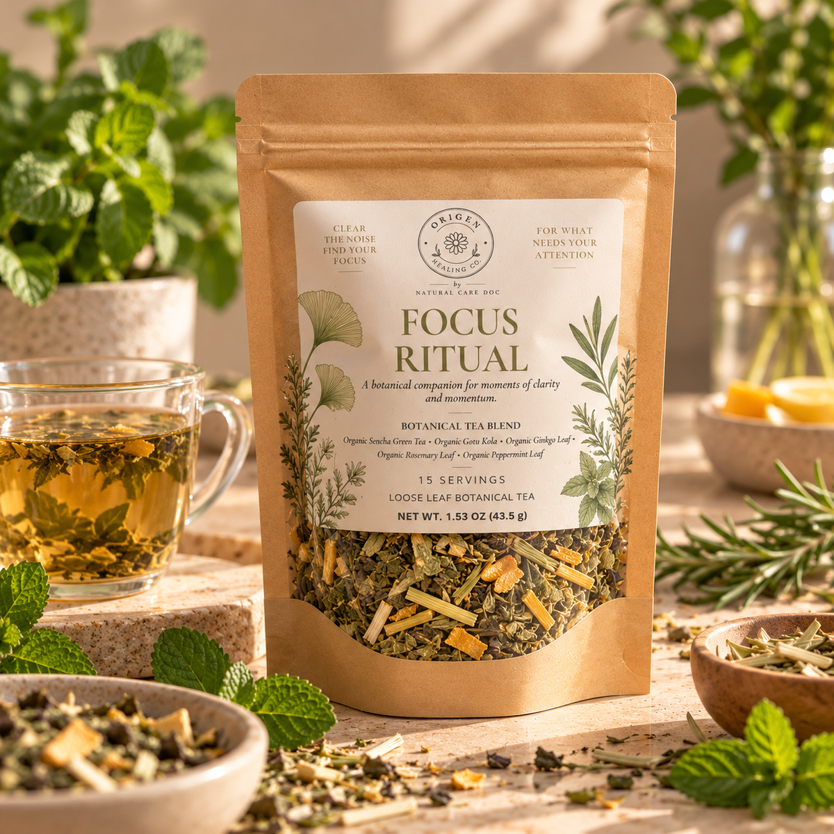 Focus Ritual loose-leaf botanical tea in a kraft pouch beside a glass cup of green tea, fresh mint and rosemary