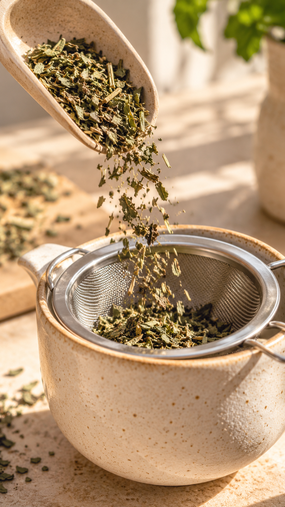 Loose-leaf botanical tea poured from a wooden scoop into a mesh infuser